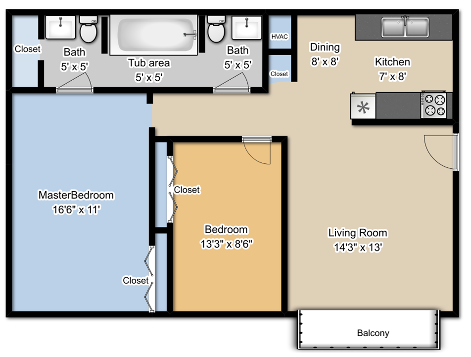 Floor plan for 2 beds, 1.5 baths, 900 sqft